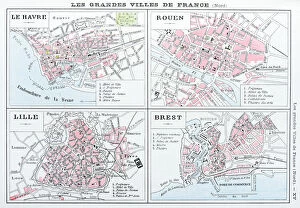 Images Dated 20th October 2015: Antique map of French cities: Le Havre, Rouen, Lille, Brest