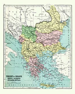 Images Dated 14th November 2018: Antique map of Greece, Romania, Bulgaria, 1897, late 19th Century