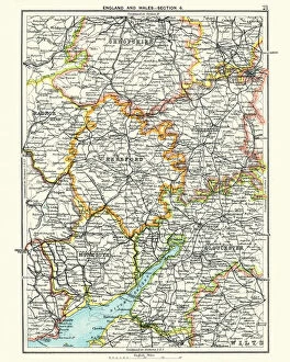 Colour Collection: Antique map, Hereford, Worester, Monmouth, Gloucester, Shropshire, 19th Century