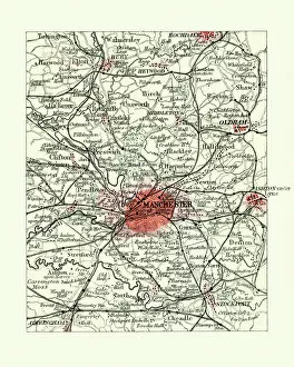 Antique map, Manchester, England, 19th Century