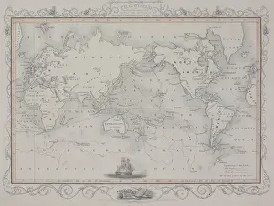 Antique map of old world depicting voyages of Captain Cook