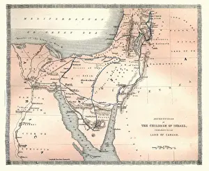 Antique map showing the journeyings of the Children of Israel from Egypt to the land of Canaam, Victorian 1860s