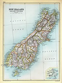 Southland Prints: Antique map, South Island, New Zealand, detail on Dunedin, 1890s, 19th Century