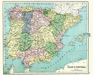 Images Dated 13th November 2018: Antique map of Spain and Portugal, 1897, late 19th Century