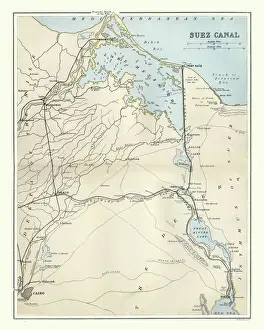 Antique map of Suez Canal, Egypt, 1880s, 19th Century