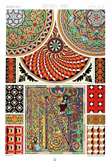 Prints of Polychromatic ornament Racinet, A. H. Sotheran and Co, London, 1877 Albert Charles Auguste Racinet Prints: Antique Print Middle-age pattern Manuscripts Decoration by Racinet - Lithograph