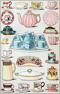 Antique recipes book engraving illustration: Crockery