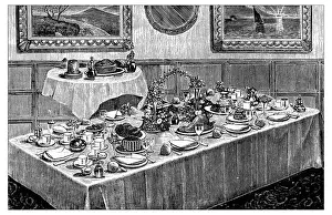 Antique recipes book engraving illustration: Dinner table