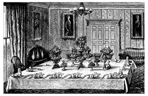 Antique Recipe Book Engraving Illustrations Prints: Antique recipes book engraving illustration: Dinner table