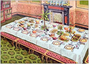 Antique recipes book engraving illustration: Dinner table