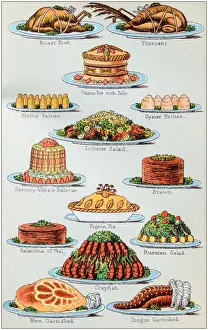 Antique recipes book engraving illustration: Supper dishes