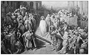 Antique religious painting: Christ leaving the judgement hall by Dore