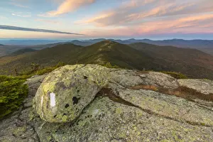 Appalachian Trail on Saddleback Mountain with High Peaks Region at sunset, Maine, USA