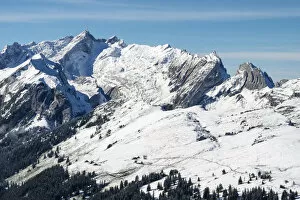 The Appenzell Alps with snowy Saentis on the top left, canton of Appenzell Innerrhoden, Switzerland, Europe