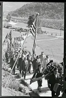 Yugoslavia Prints: Arab and Yugoslavian Leaders Marching with Flags