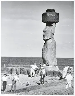 Easter Island Prints: Archaeologists with Large Statue