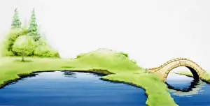 Rivers Prints: Arched stone bridge over river leading to a water reserve surrounded by green expanse