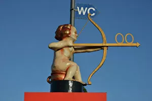 Arrow Symbol Gallery: Archer Cupid as a toilet sign, Oktoberfest, Munich, Upper Bavaria, Bavaria, Germany