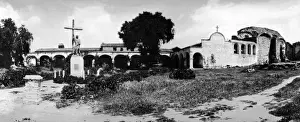 Vintage Black And White Prints: architecture, archival, b, black & white, california, church, cross, exterior, mission