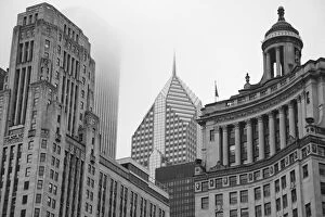 architecture, black and white, building, chicago, city, cityscape, day, fog, highrise