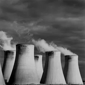 Medium Group Of Objects Gallery: architecture, black and white, cloud, cooling tower, copy space, dark, day, dramatic