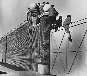 ARCHIVE SHOT / GROUP OF BOYS CLIMBING OVER HIGH WALL & GATE