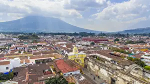 Arco de Santa Catalina (Santa Catalina Arch) and Antigua City in Guatemala, High angle view