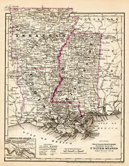 Images Dated 21st February 2017: Arkansas Louisiana Pississippi map 1881