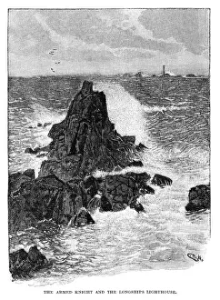 Prints of The Armed Knight and Longships Lighthouse in Corwall, England - Scanned 1884 Engraving Lighthouse Prints: The Armed Knight and Longships Lighthouse in Corwall, England