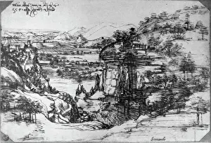 Florentine School Prints: Arno Landscape by Leonardo da Vinci