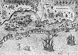 Detail of The Arrival of the Englishmen in Virginia by Theodor de Bry