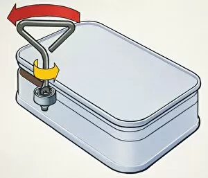 Arrows illustrating circular movement of key twisting to open rectangular metal tin, front view