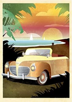 Images Dated 21st October 2017: Art Deco style Paradise classic convertible car poster design