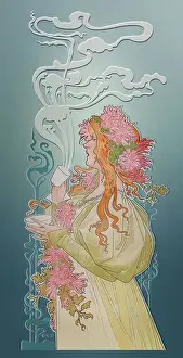 Art nouveau billboard woman with golden hair drinking coffee 1897
