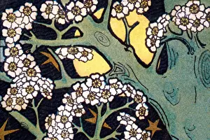 Art Nouveau, Golden moon behind a blossoming tree, blossom, Vintage illustration 1890s