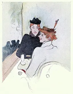 Art nouveau sketch of two French woman in cafe drinking, Victorian, Vintage illustration 19th Century