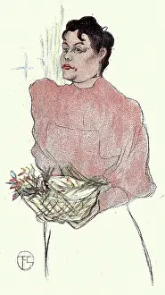 Art nouveau sketch of woman holding a basket, French, Victorian, Vintage illustration 19th Century