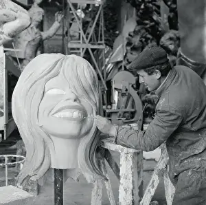 Viareggio Prints: Artist Painting Papier Mache Head of Brigitte Bardot