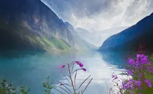 Canada Prints: Artistic, Textured Image Featuring Lake Louise and Pink Purple Flowers