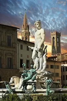 arts and crafts, atmospheric, evenings, figure, florence, fountain of neptune, mediterranean