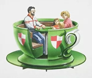 Images Dated 23rd May 2006: Artwork of a green teacup ride seat containing a man, woman and two children