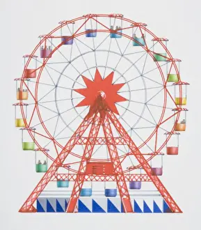 Traveling Carnival Prints: Artwork of a red big wheel with multi coloured hanging seats
