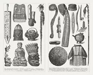 Images Dated 24th February 2018: Asian culture devices and products, wood engravings, published in 1897