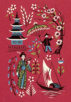 Red Background Prints: Asian Scene