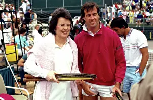 Prints of ASPEN, CO - AUGUST 23: Billie Jean King at the Aspen Tennis Festival on August 23, 1987 at Aspen, Colorado (Photo by Paul Harris/Getty Images) The Grand Slam Gallery: Aspen Tennis Festival