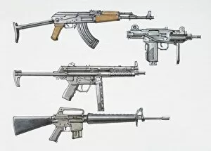 Assortment of post-1940 submachine guns, side view