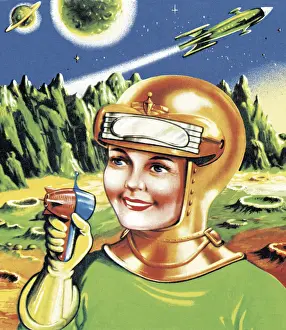 Facia Prints: Astronaut with Ray Gun on Planet