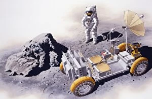 Images Dated 19th June 2007: Astronaut standing near Lunar Roving Vehicle (LRV) and boulder on surface of moon, elevated view