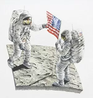 Images Dated 17th May 2006: Two astronauts on the moon, USA flag flying