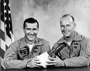 Richard F Prints: Astronauts Smile Hold Spacecraft Model